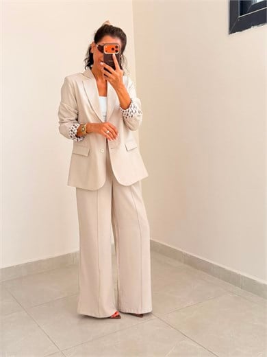 İç Astarı Desenli Blazer ceket Pantolon Takım Bej 