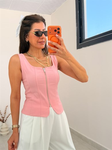 İnce Kot Kumaş Ön Fermuarlı Top Pembe