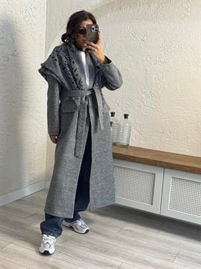İnce Vatkalı Kuşaklı İç Astarlı Maxi Boy Kaban Gri