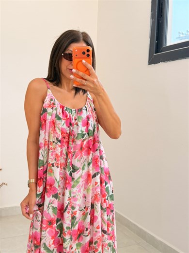 İp Askılı Pembe Desenli Elbise 