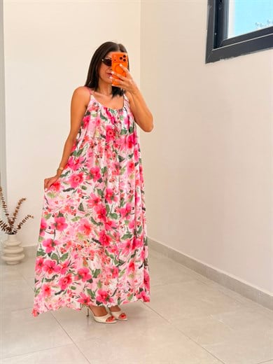 İp Askılı Pembe Desenli Elbise 