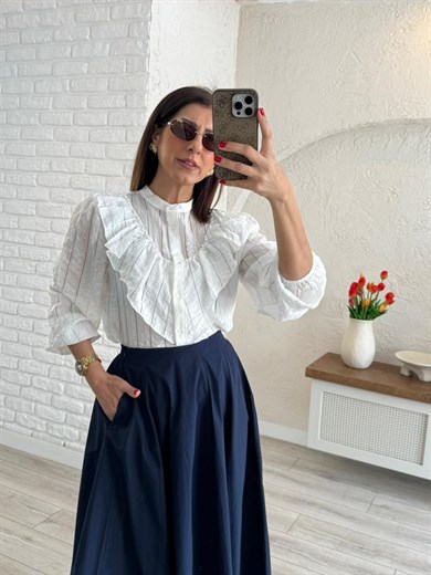 Kadın Ekru Fırfırlı Çizgili  Gömlek 