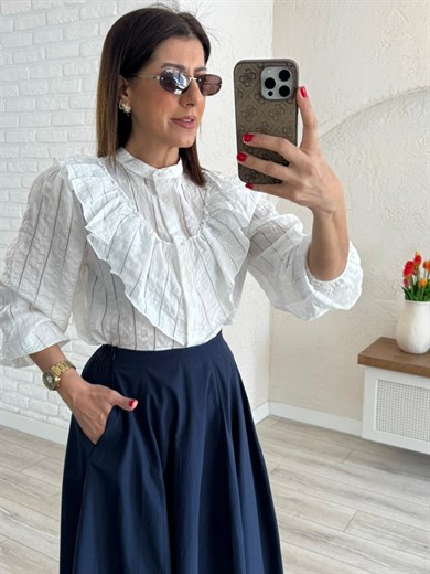 Kadın Ekru Fırfırlı Çizgili  Gömlek 