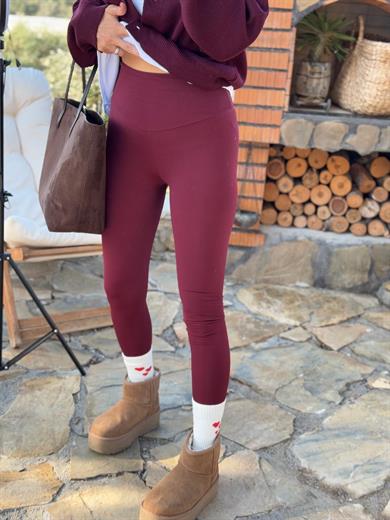 Kadın İç Şardonlu Yüksek Bel Tayt Bordo