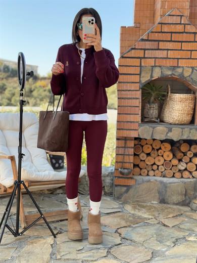 Kadın İç Şardonlu Yüksek Bel Tayt Bordo