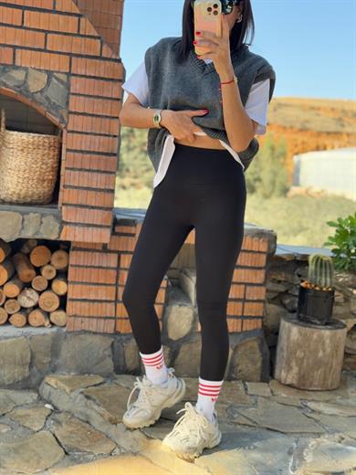 Kadın İç Şardonlu Yüksek Bel Tayt Siyah