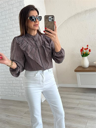 Kadın Kahve Fırfırlı Çizgili Gömlek