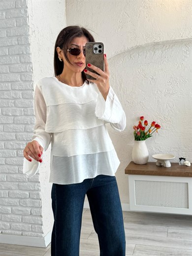 Kadın Kat Kat Volanlı Bluz Ekru 