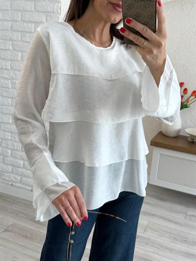 Kadın Kat Kat Volanlı Bluz Ekru 