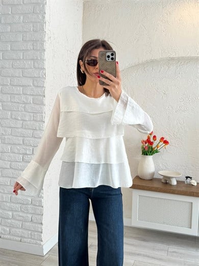 Kadın Kat Kat Volanlı Bluz Ekru 