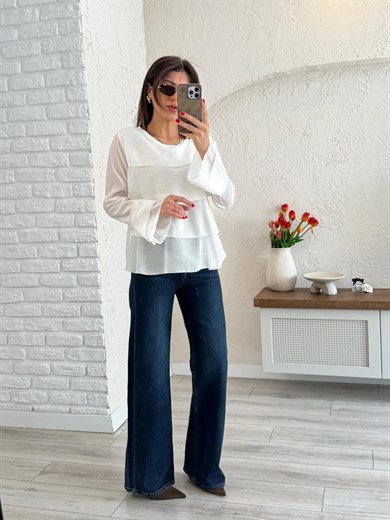 Kadın Kat Kat Volanlı Bluz Ekru 