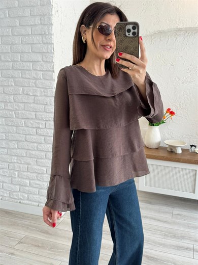 Kadın Kat Kat Volanlı Bluz Kahve