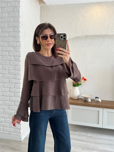 Kadın Kat Kat Volanlı Bluz Kahve