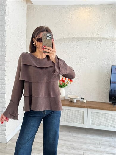 Kadın Kat Kat Volanlı Bluz Kahve