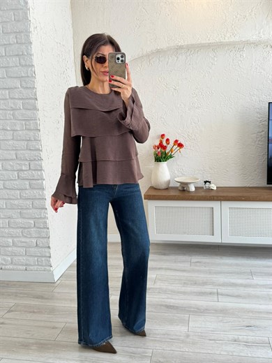 Kadın Kat Kat Volanlı Bluz Kahve