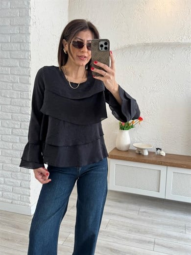 Kadın Kat Kat Volanlı Bluz Siyah