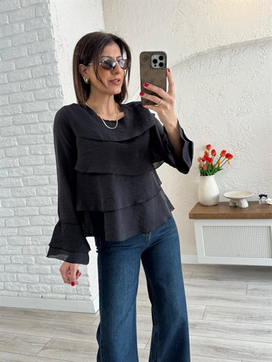 Kadın Kat Kat Volanlı Bluz Siyah