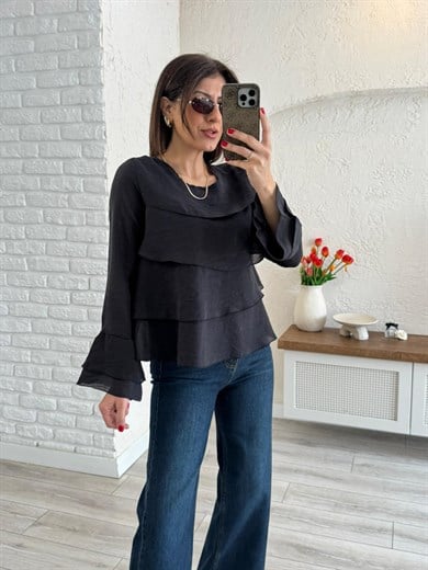 Kadın Kat Kat Volanlı Bluz Siyah