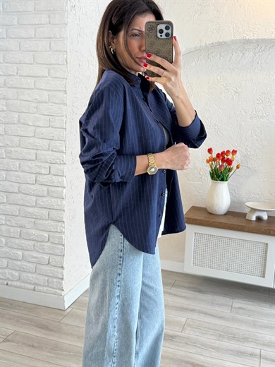 Kadın Modal Kumaş Çizgili Gömlek Lacivert