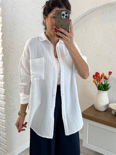 Kadın Oversıze Cepli Müslin Gömlek Ekru