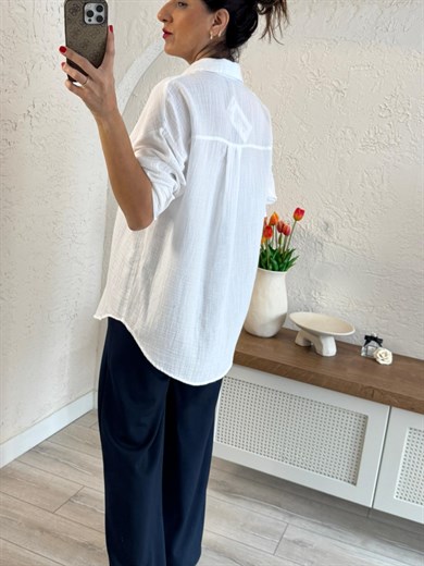 Kadın Oversıze Cepli Müslin Gömlek Ekru