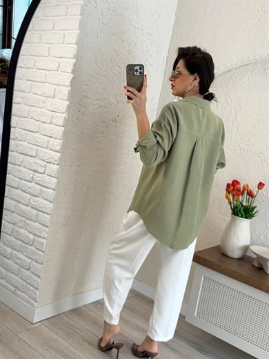 Kadın Oversıze Cepli Müslin Gömlek Haki