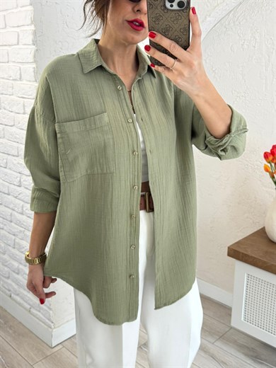 Kadın Oversıze Cepli Müslin Gömlek Haki
