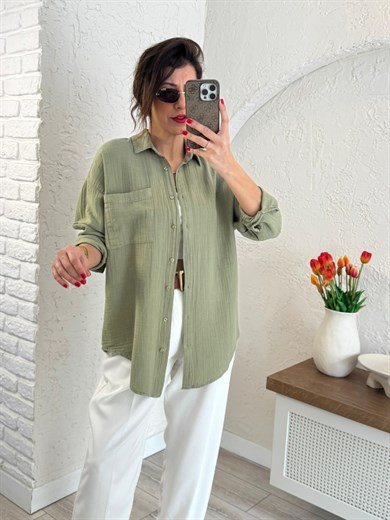 Kadın Oversıze Cepli Müslin Gömlek Haki