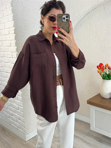 Kadın Oversıze Cepli Müslin Gömlek Kahve
