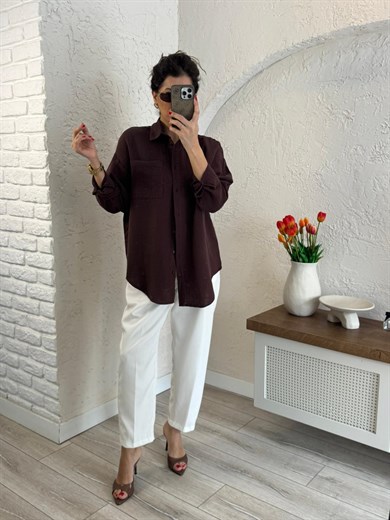 Kadın Oversıze Cepli Müslin Gömlek Kahve