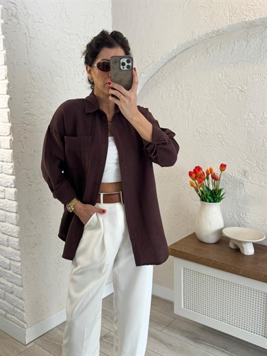 Kadın Oversıze Cepli Müslin Gömlek Kahve