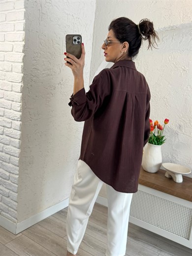 Kadın Oversıze Cepli Müslin Gömlek Kahve