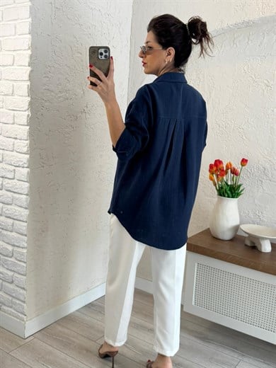 Kadın Oversıze Cepli Müslin Gömlek Lacivert