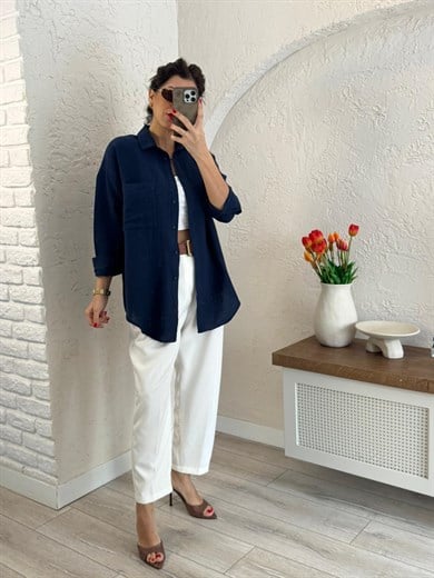 Kadın Oversıze Cepli Müslin Gömlek Lacivert