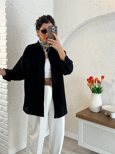 Kadın Oversıze Cepli Müslin Gömlek Siyah