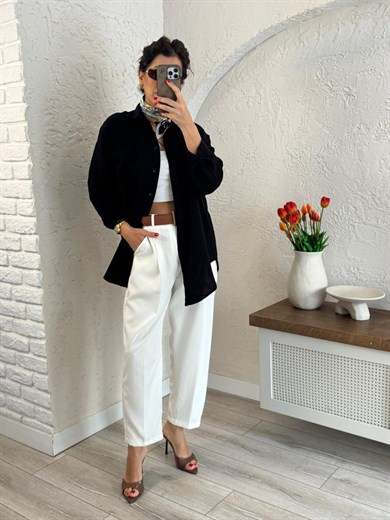 Kadın Oversıze Cepli Müslin Gömlek Siyah