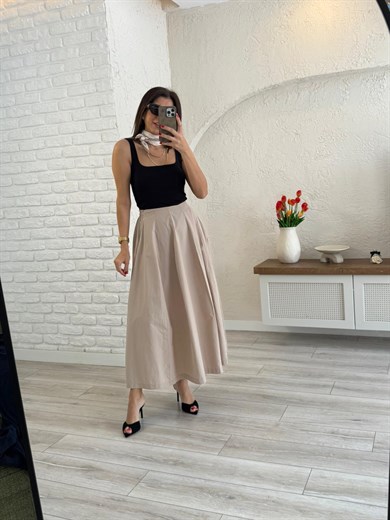 Kadın Pileli Bej Midi Etek