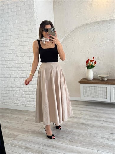 Kadın Pileli Bej Midi Etek