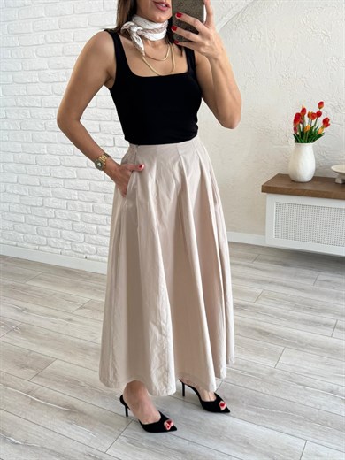 Kadın Pileli Bej Midi Etek