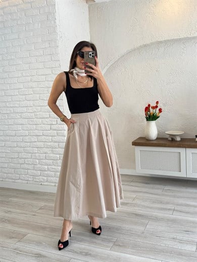 Kadın Pileli Bej Midi Etek