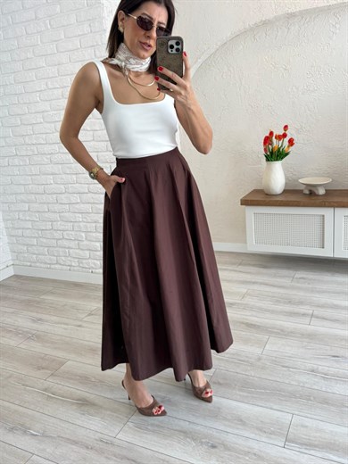 Kadın Pileli Kahve Midi  Etek 