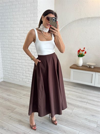 Kadın Pileli Kahve Midi  Etek 