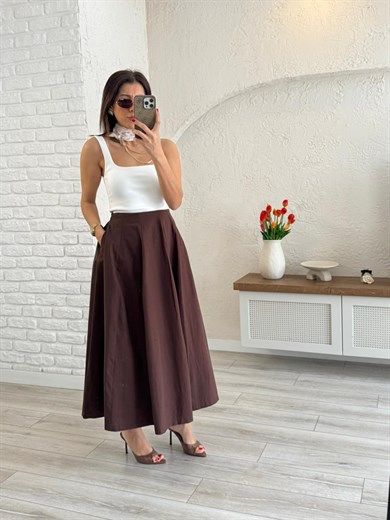 Kadın Pileli Kahve Midi  Etek 