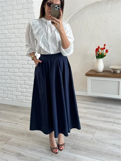 Kadın Pileli  Lacivert Midi Etek