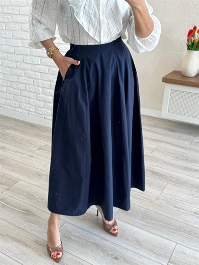 Kadın Pileli  Lacivert Midi Etek