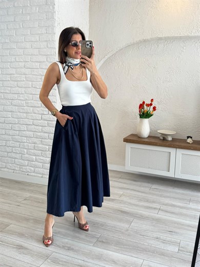 Kadın Pileli  Lacivert Midi Etek