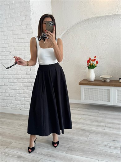 Kadın Pileli Siyah Midi Etek