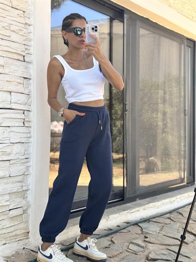 Kadın Üç İplik Cepli Bel ve Paça Lastikli  Eşofman Altı Lacivert