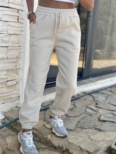 Kadın Üç İplik Cepli Bel ve Paça Lastikli Eşofman Altı Bej