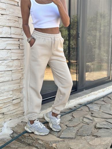 Kadın Üç İplik Cepli Bel ve Paça Lastikli Eşofman Altı Bej